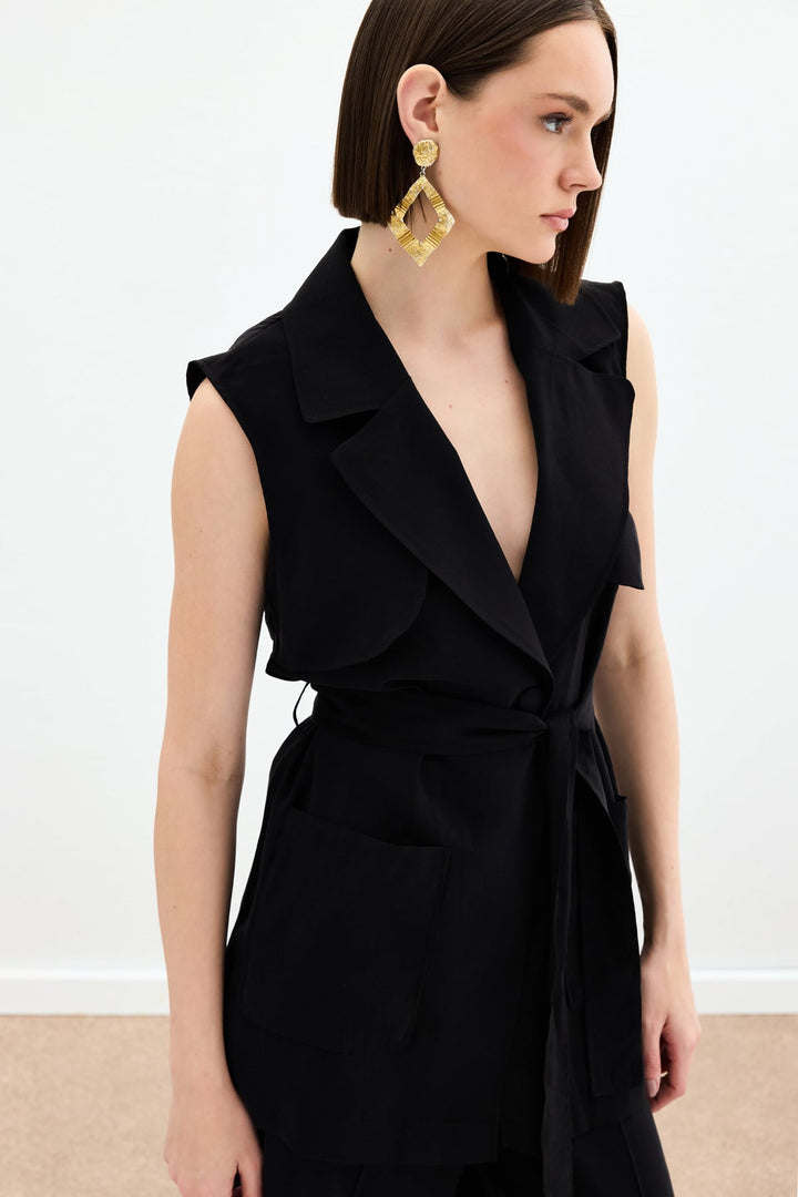 Sateen Gilet long ceinturé - Noir