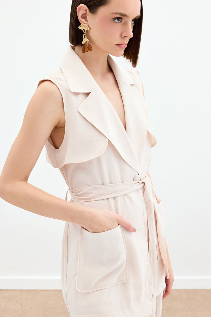 Sateen Gilet long avec ceinture - Pierre