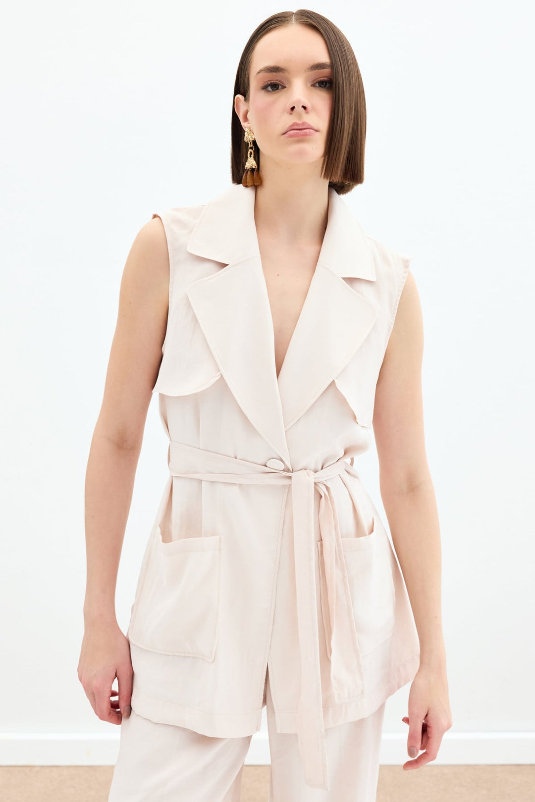 Sateen Gilet long avec ceinture - Pierre