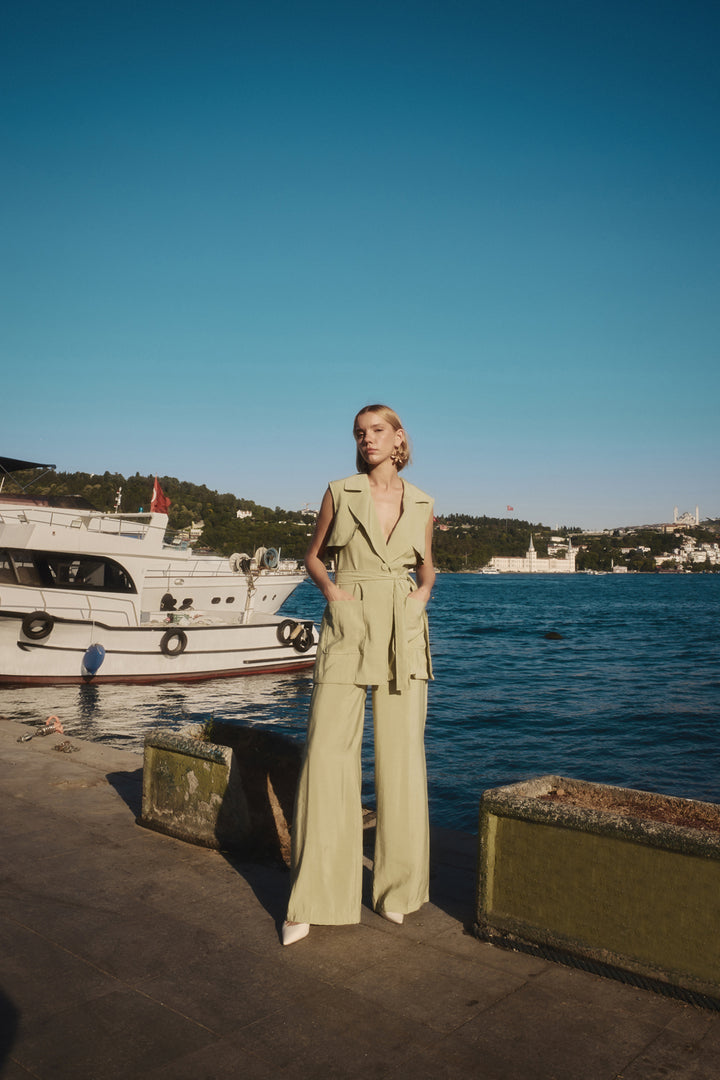 Sateen Gilet long ceinturé - yag Vert