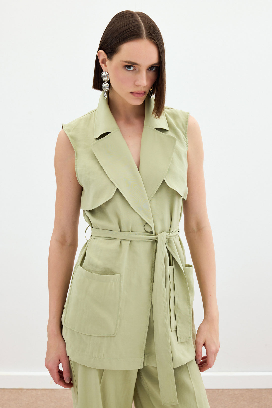 Sateen Gilet long ceinturé - yag Vert