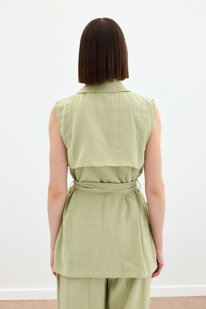 Sateen Gilet long ceinturé - yag Vert