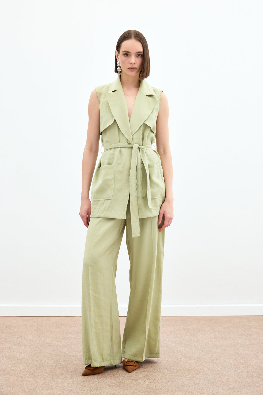 Sateen Gilet long ceinturé - yag Vert