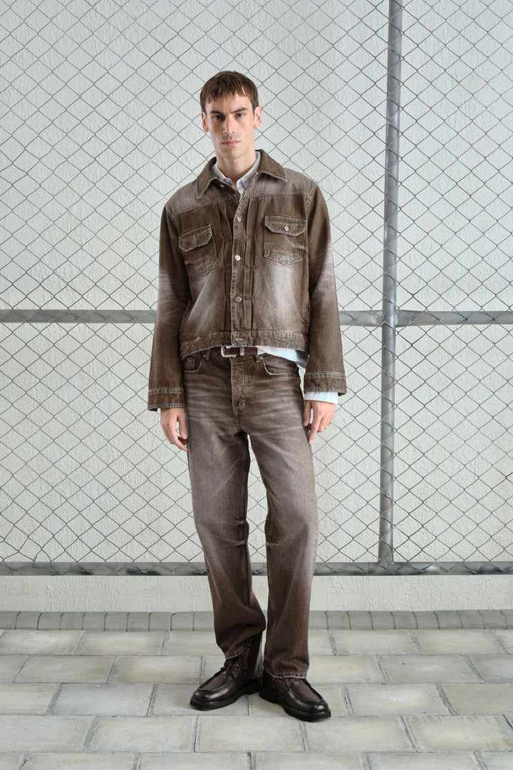 Giesto Veste en denim délavée avec effet laser - Marron