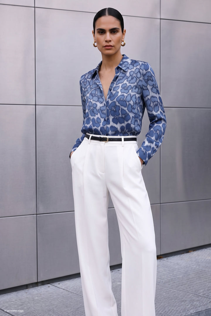 Sateen Chemise classique à motif léopard - Bleu marine