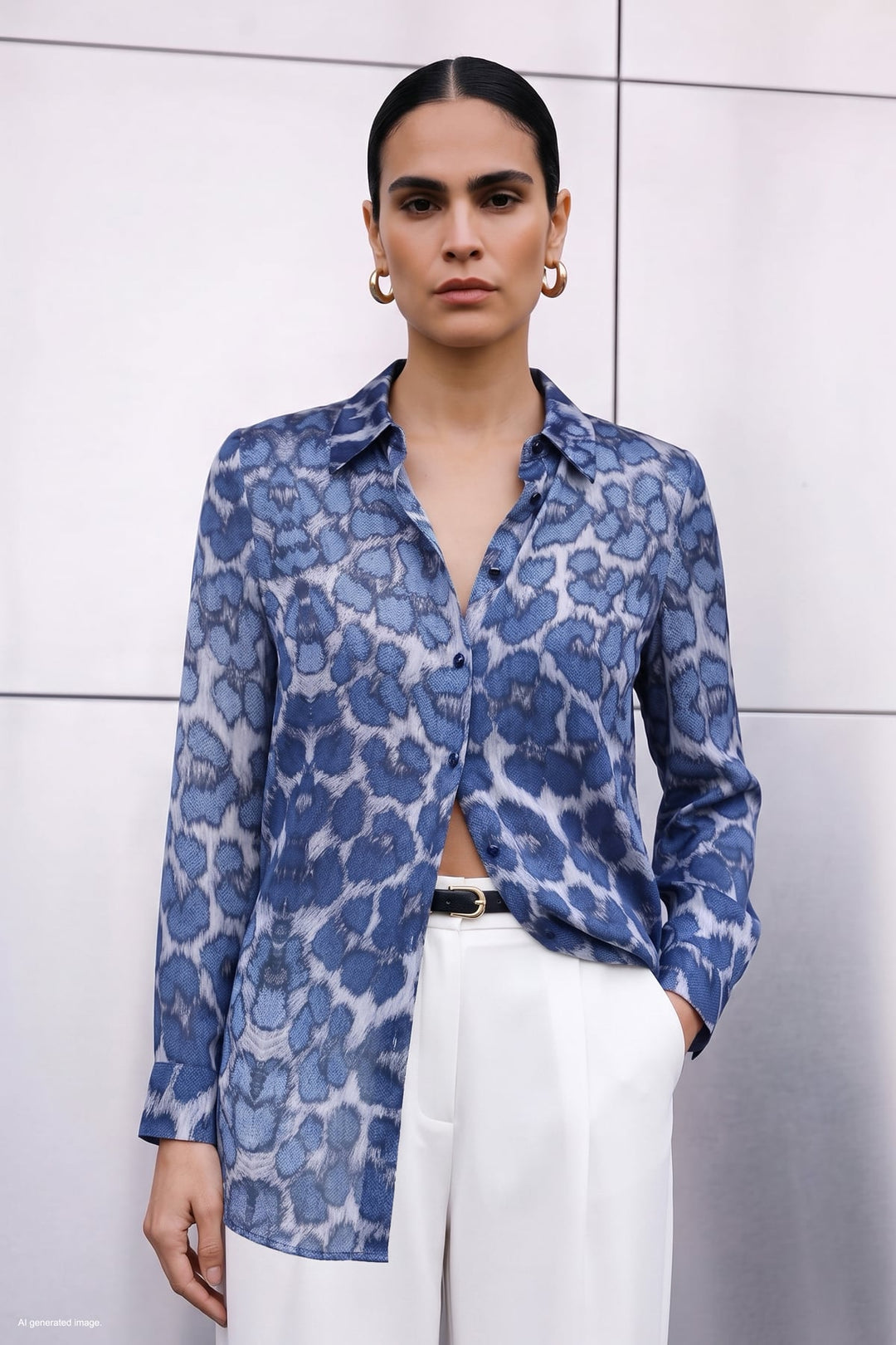 Sateen Chemise classique à motif léopard - Bleu marine