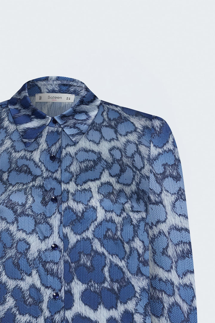 Sateen Chemise classique à motif léopard - Bleu marine