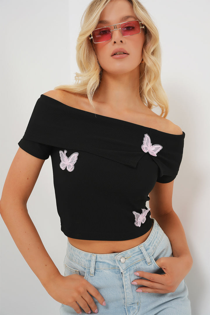 Bigdart Blouse à col Madonna avec détails en papillon 957 - Noir
