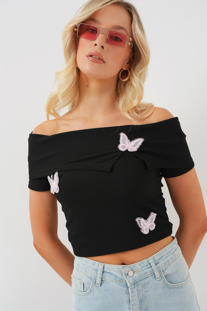 Bigdart Blouse à col Madonna avec détails en papillon 957 - Noir