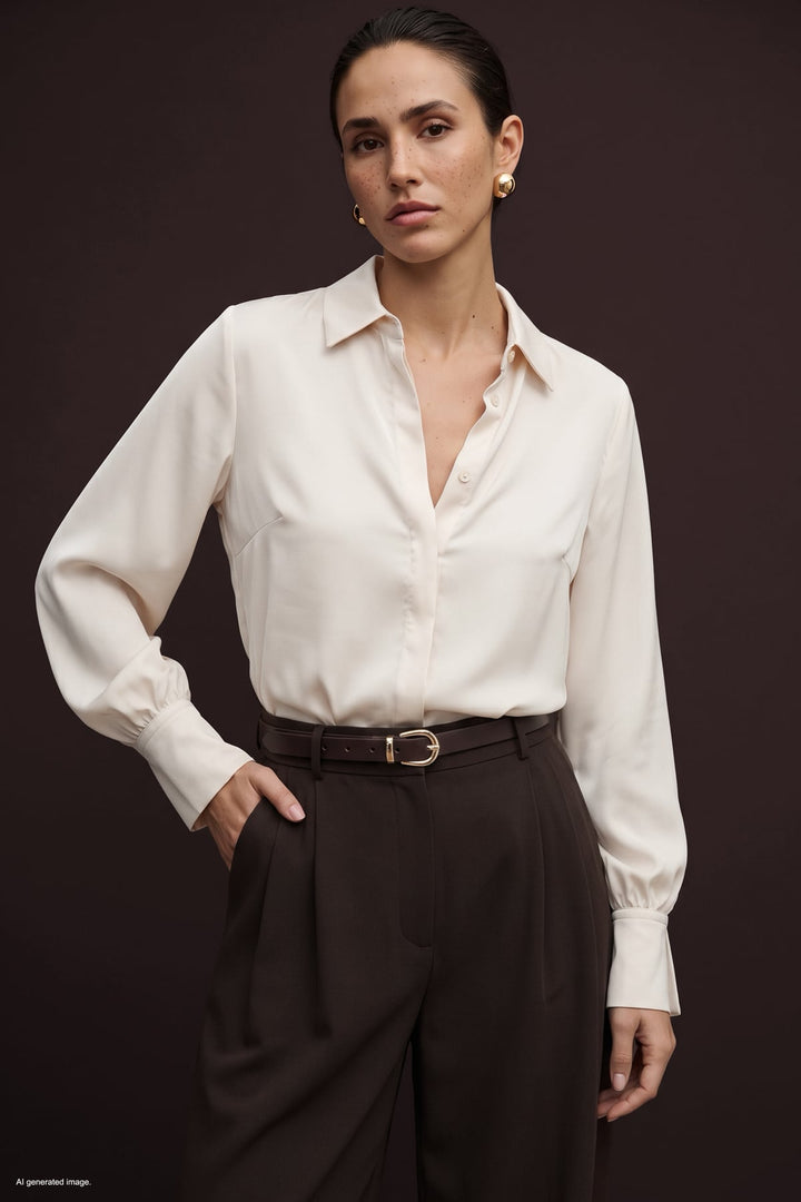 Sateen Chemise à Détails de Poignet - Écru