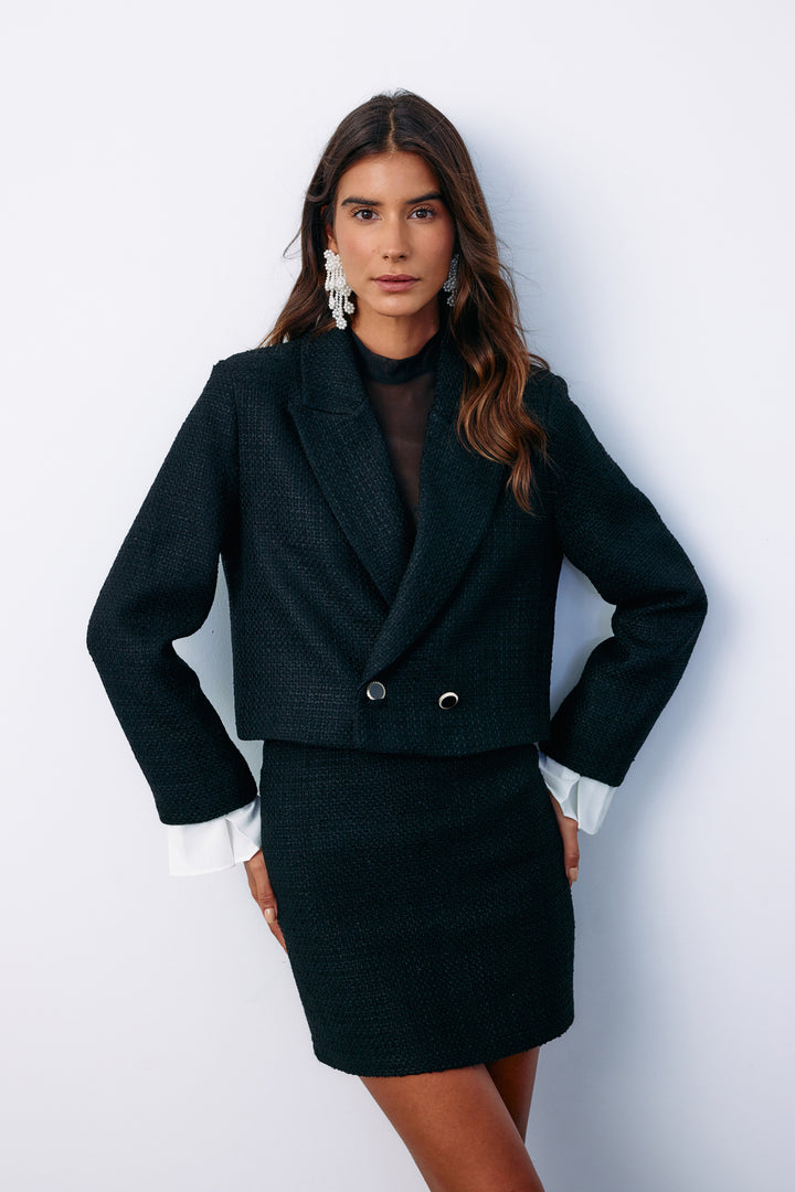Sateen Veste en Tweed avec Détails de Manches - Noir