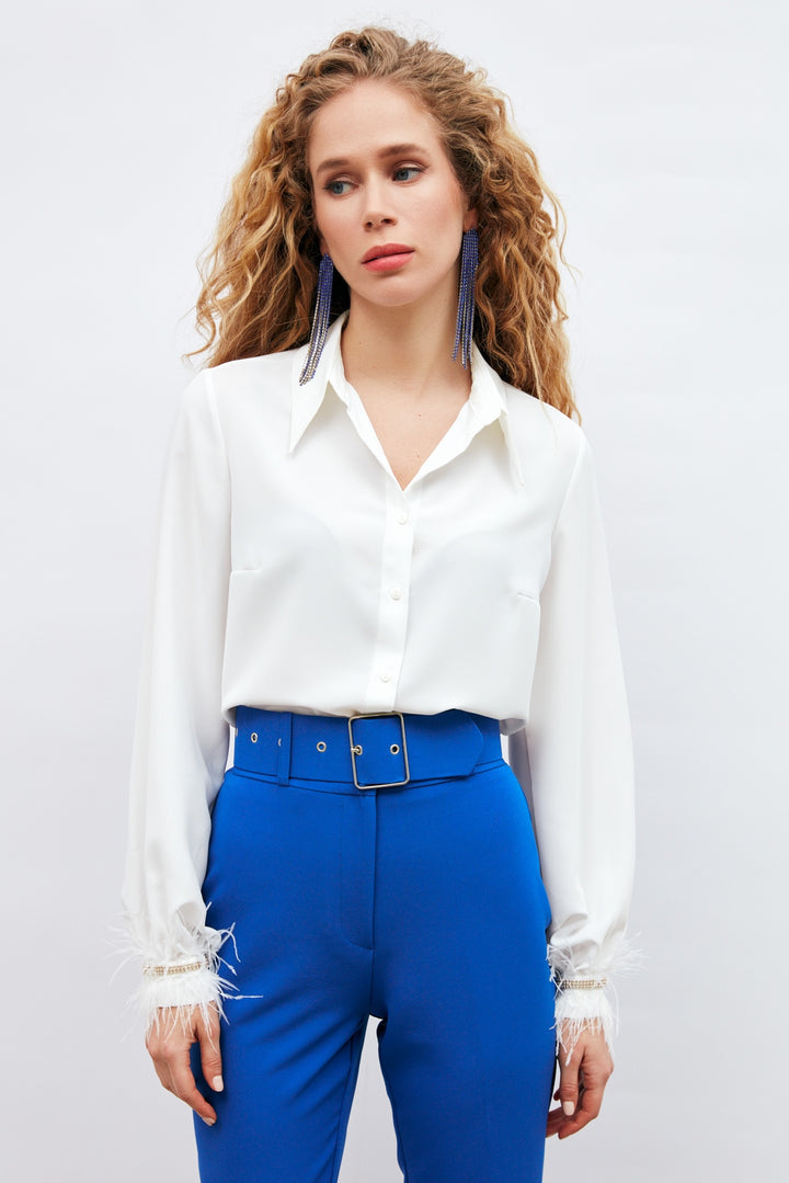 Sateen Chemise avec Manches Accessoirisées - Écru
