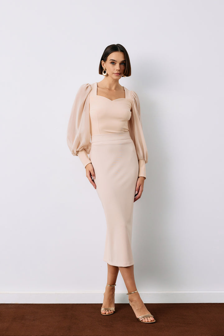 Sateen Jupe Crayon Midi - Beige