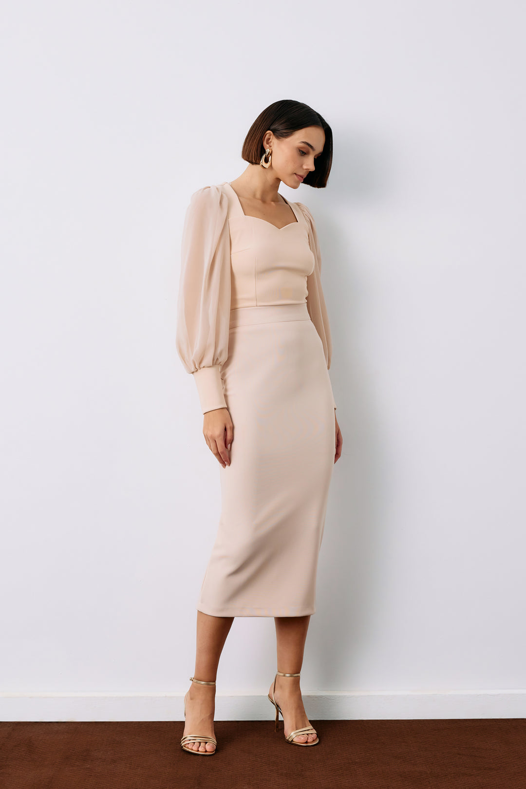 Sateen Jupe Crayon Midi - Beige