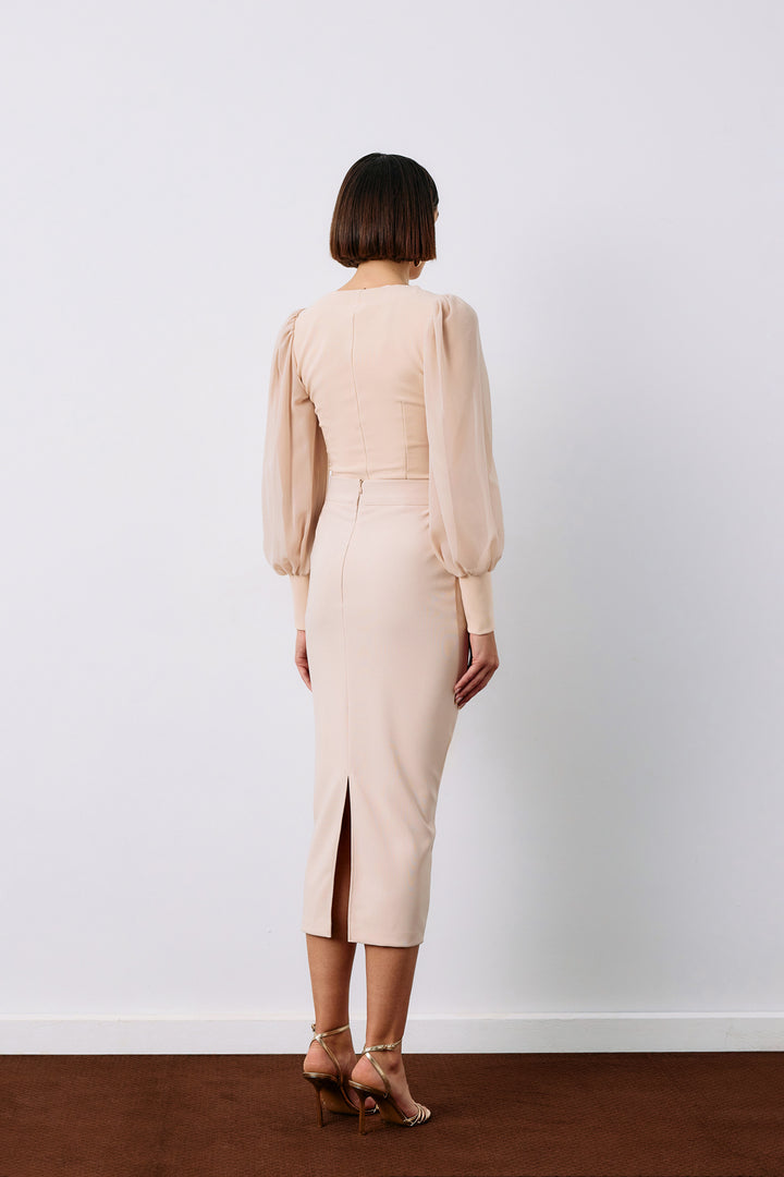 Sateen Jupe Crayon Midi - Beige