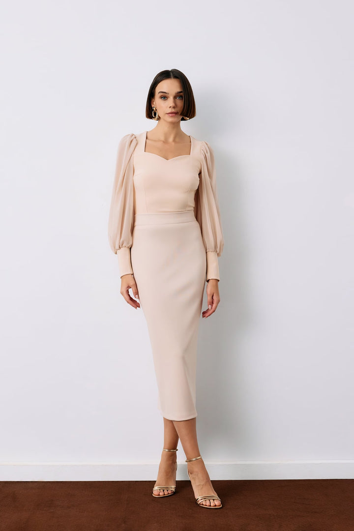 Sateen Jupe Crayon Midi - Beige