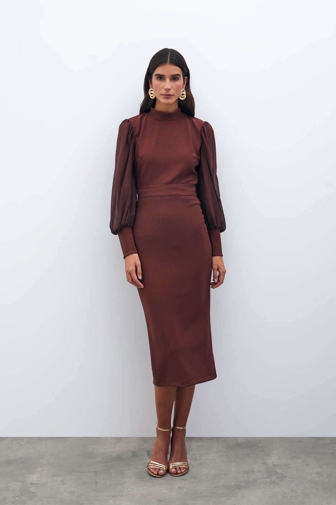 Sateen Jupe Crayon Midi - Marron