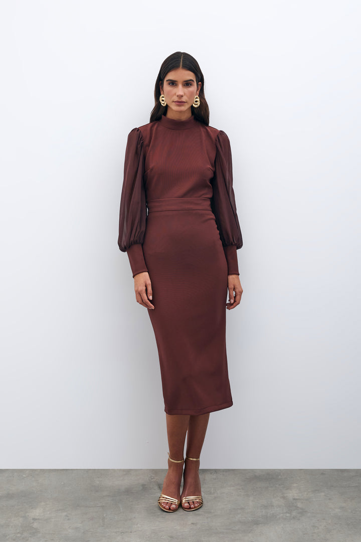 Sateen Jupe Crayon Midi - Marron