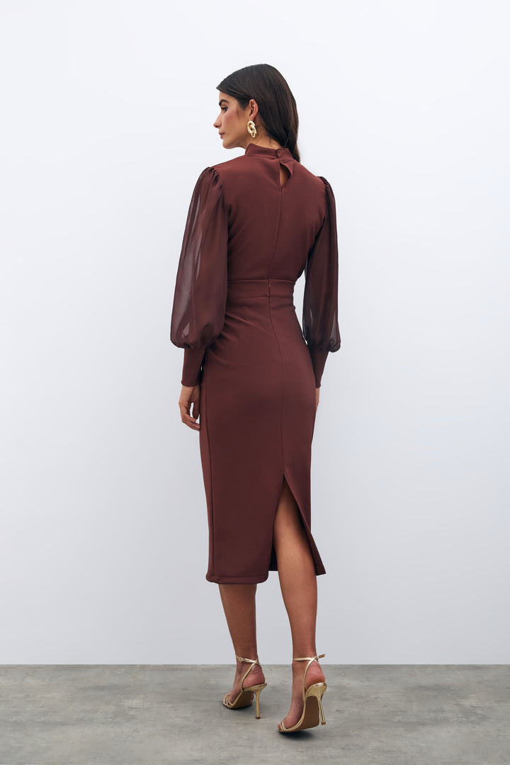 Sateen Jupe Crayon Midi - Marron