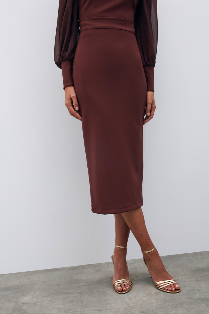 Sateen Jupe Crayon Midi - Marron