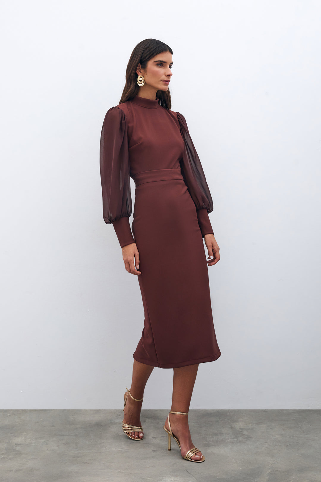 Sateen Jupe Crayon Midi - Marron