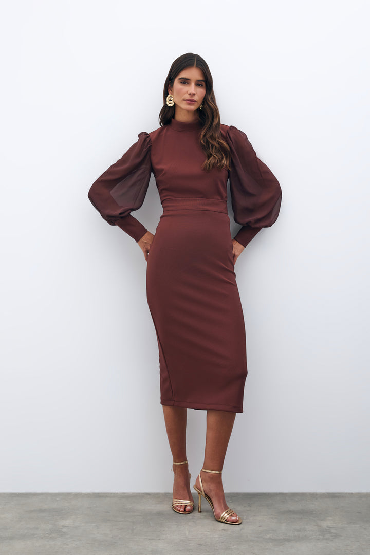Sateen Jupe Crayon Midi - Marron
