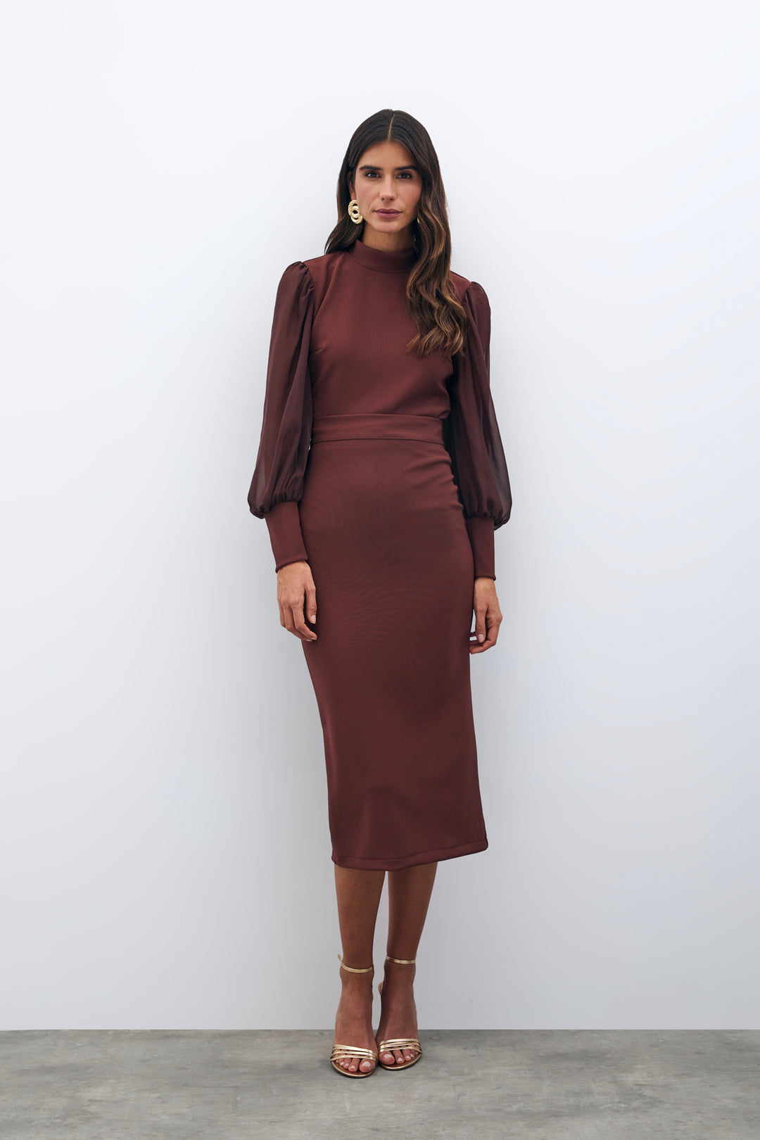Sateen Jupe Crayon Midi - Marron