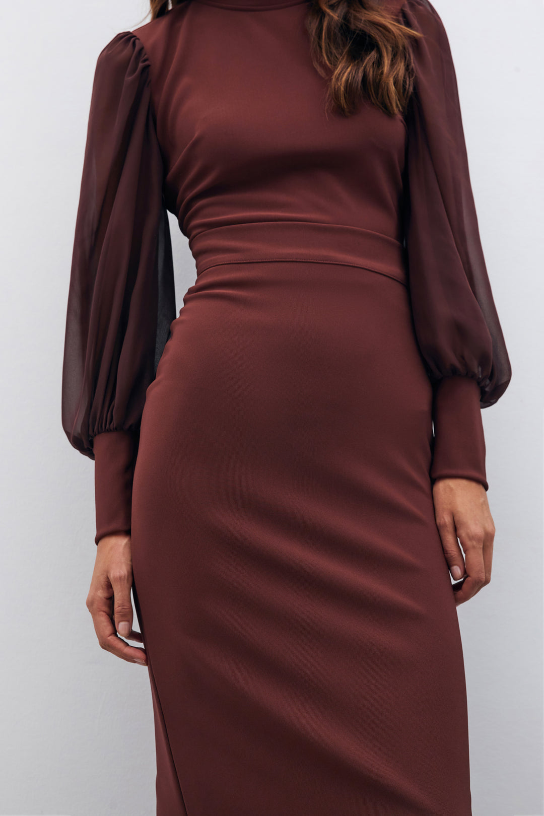 Sateen Jupe Crayon Midi - Marron