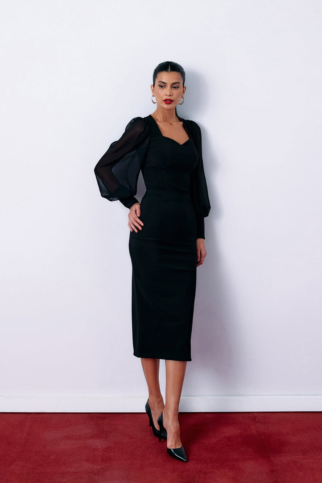 Sateen Jupe Crayon Midi - Noir