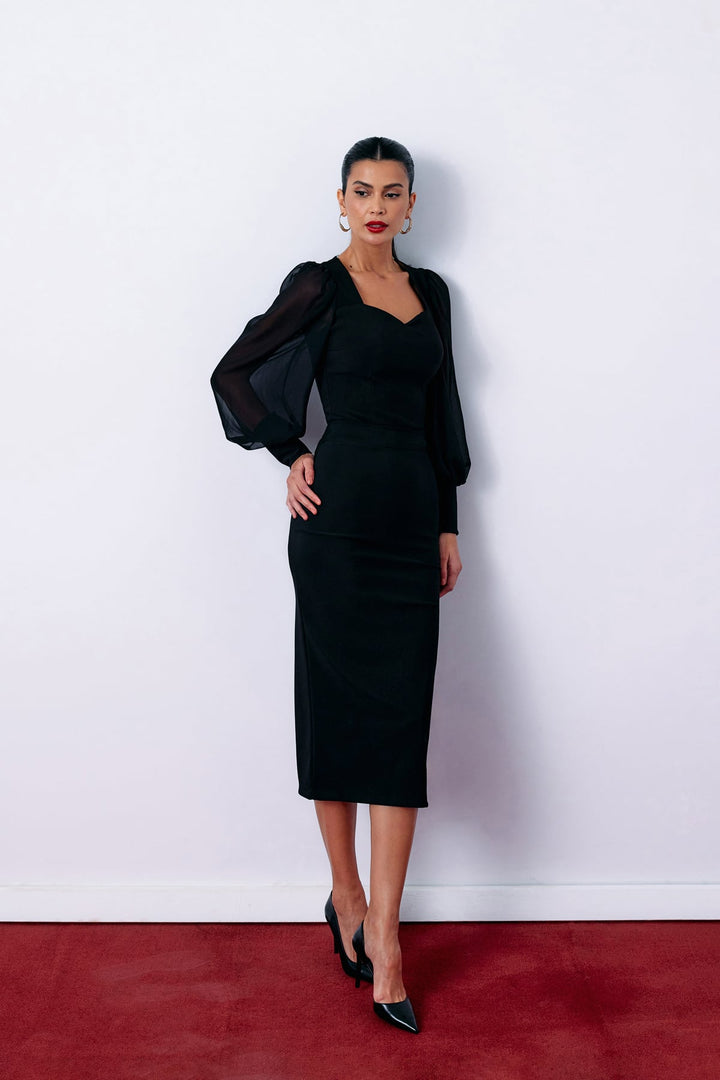 Sateen Jupe Crayon Midi - Noir