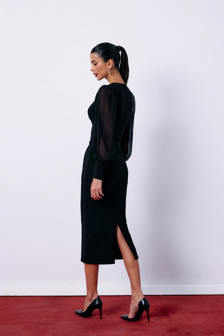 Sateen Jupe Crayon Midi - Noir