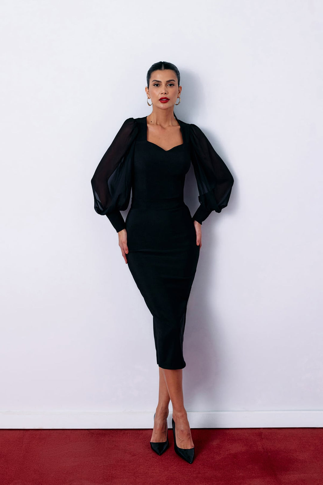 Sateen Jupe Crayon Midi - Noir