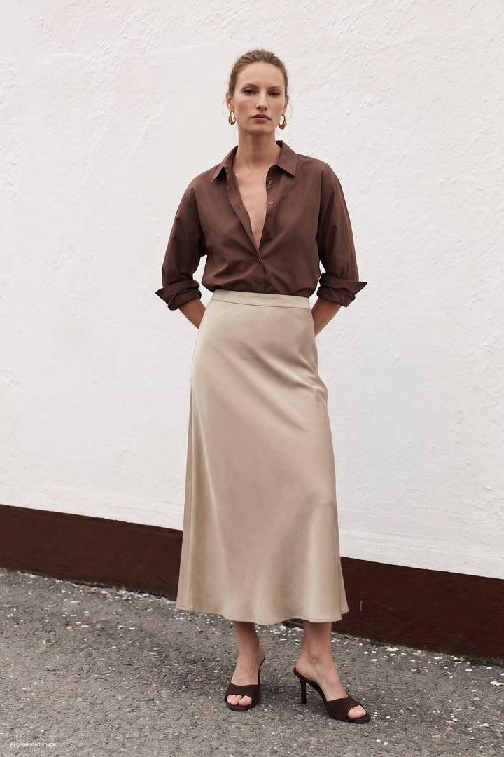 Sateen Jupe Midi Satin - Beige