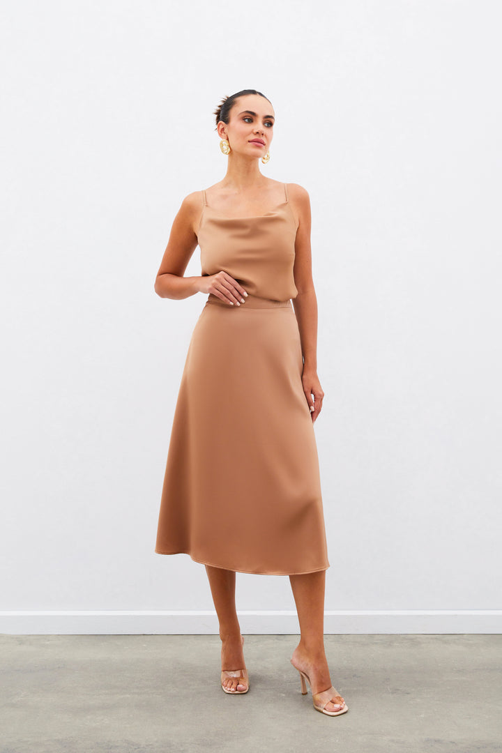 Sateen Jupe Midi en Satin - camel