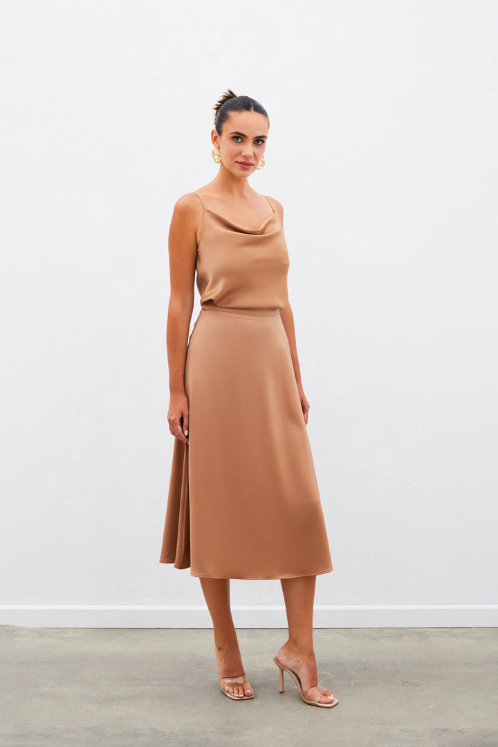 Sateen Jupe Midi en Satin - camel