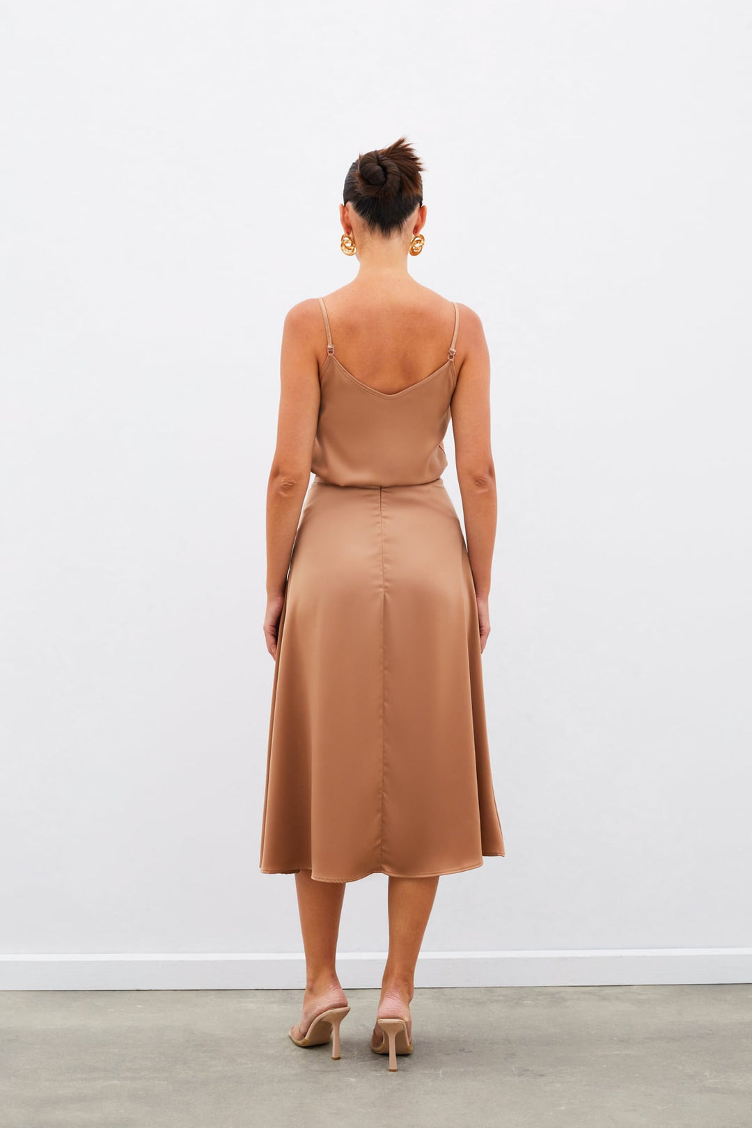 Sateen Jupe Midi en Satin - camel