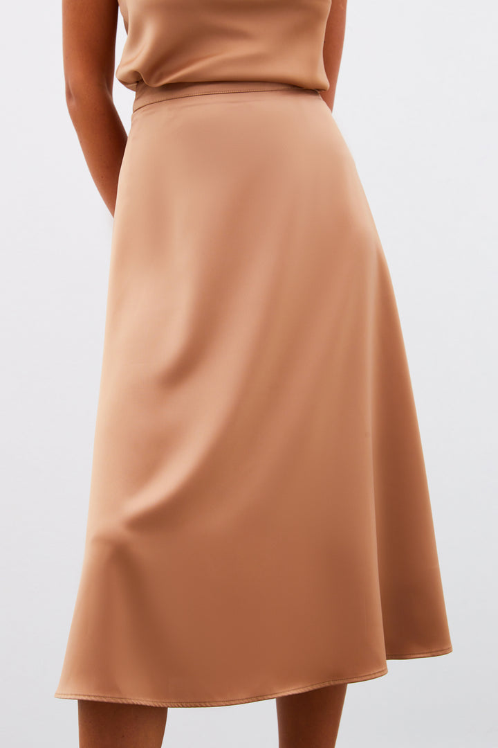 Sateen Jupe Midi en Satin - camel