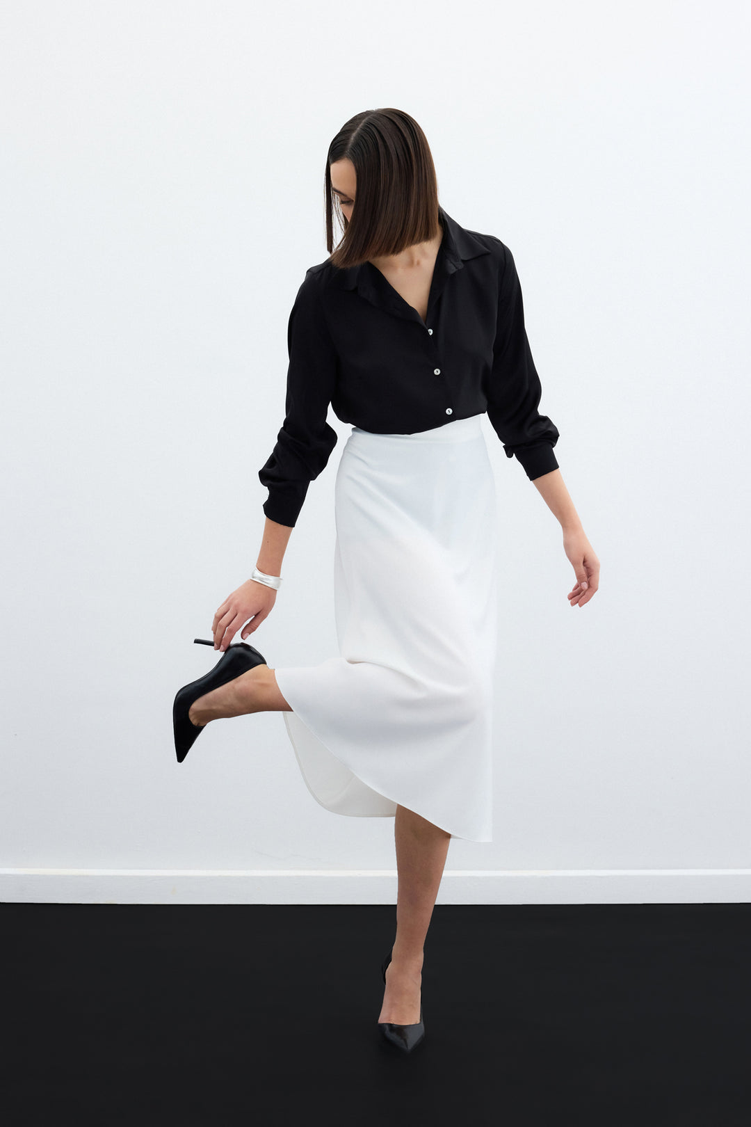 Sateen Jupe Midi Satin - Écru