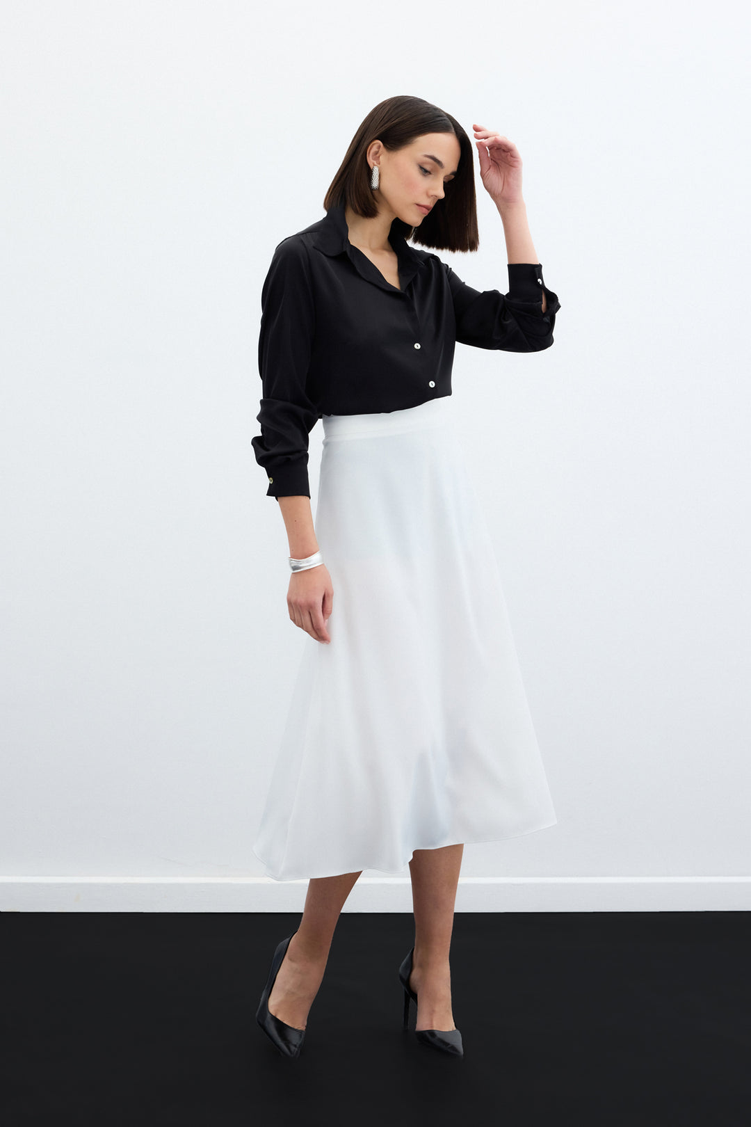Sateen Jupe Midi Satin - Écru