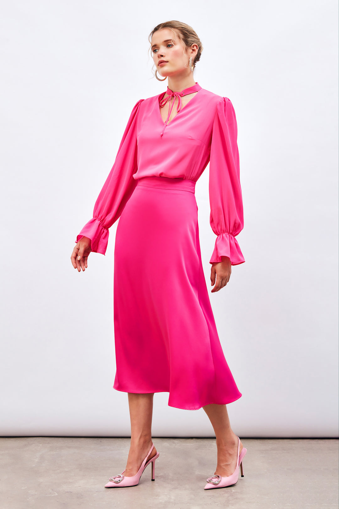 Sateen Jupe Midi Satin - Fuchsia