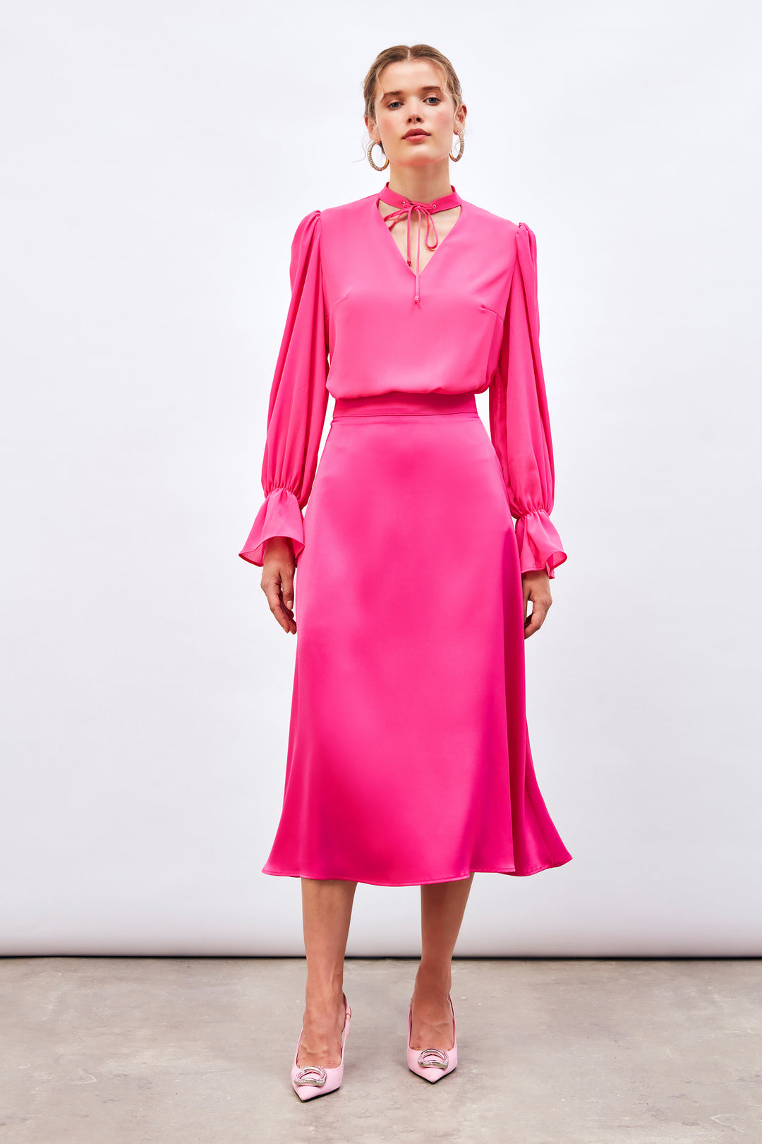 Sateen Jupe Midi Satin - Fuchsia