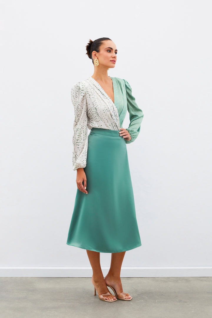 Sateen Jupe Midi en Satin - Kaki