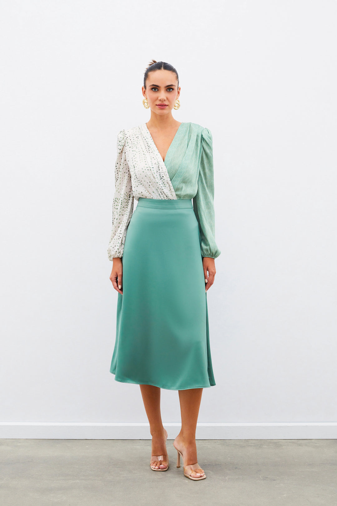 Sateen Jupe Midi en Satin - Kaki