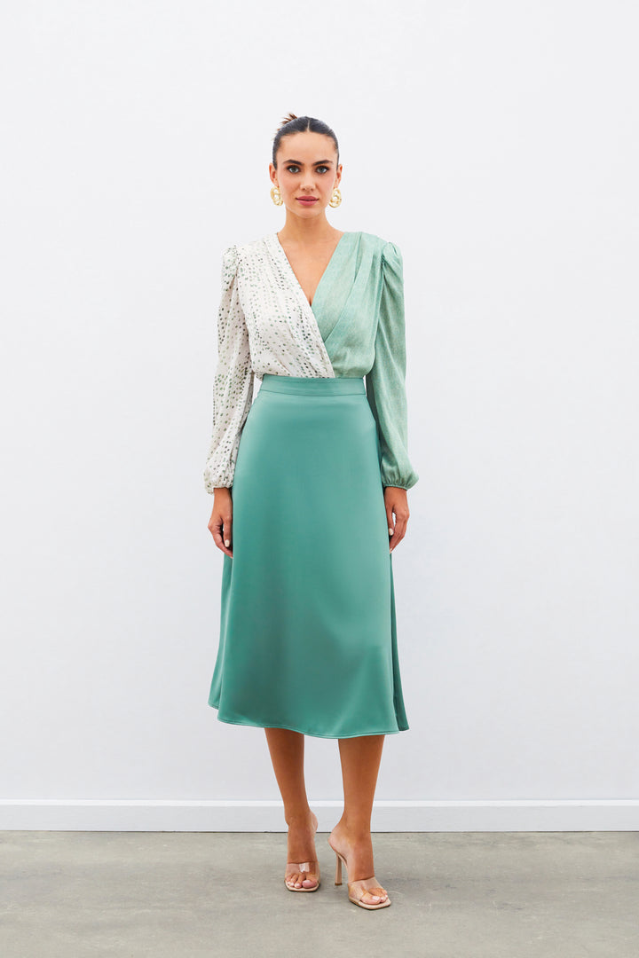 Sateen Jupe Midi en Satin - Kaki