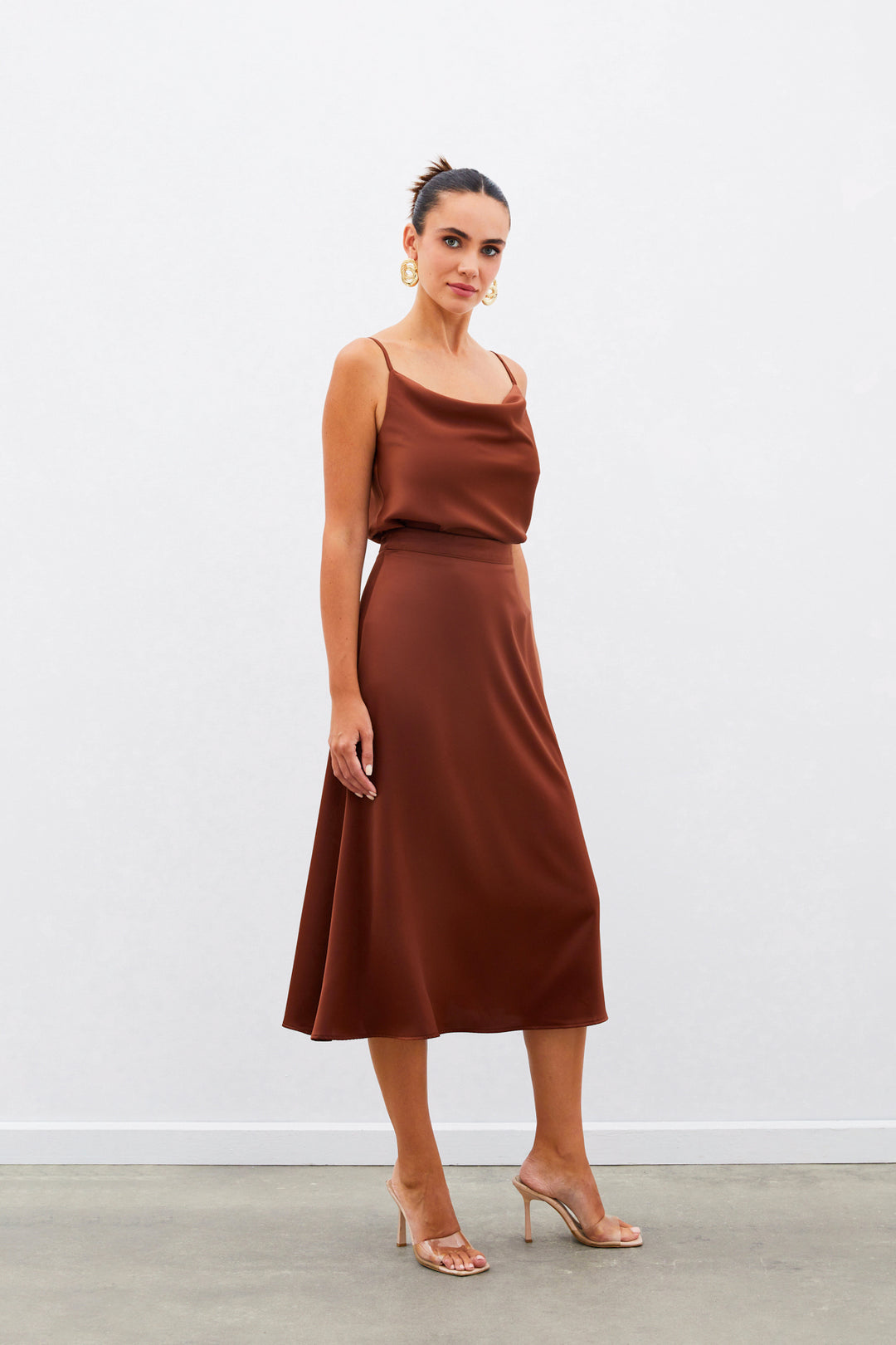 Sateen Jupe Midi en Satin - Marron