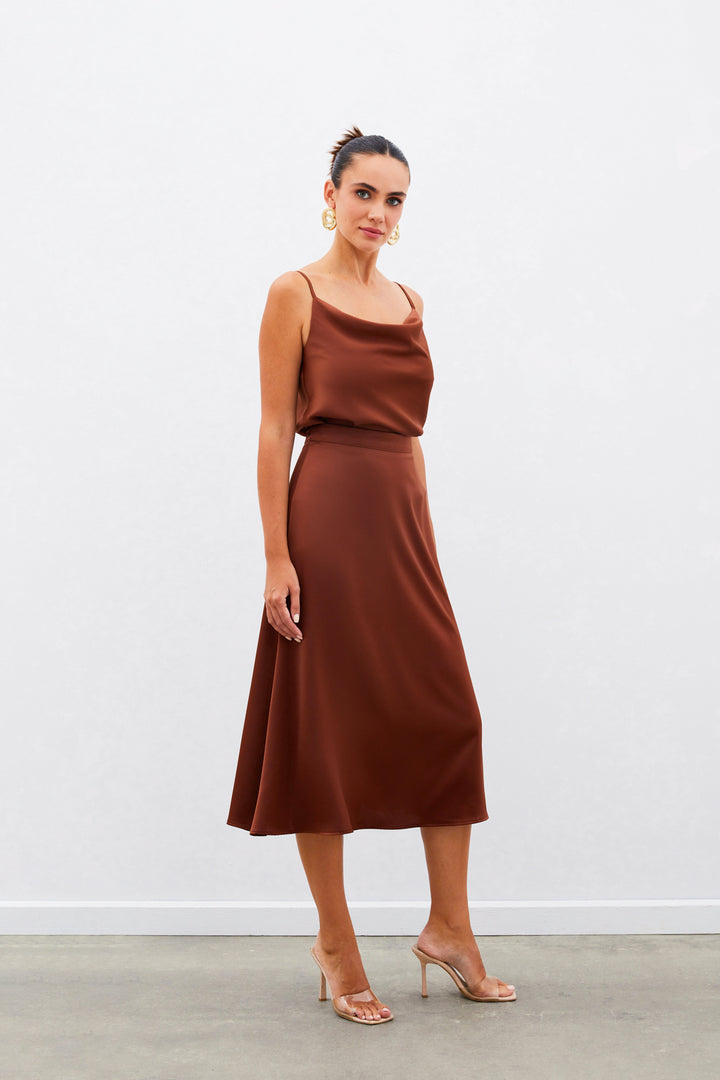 Sateen Jupe Midi en Satin - Marron