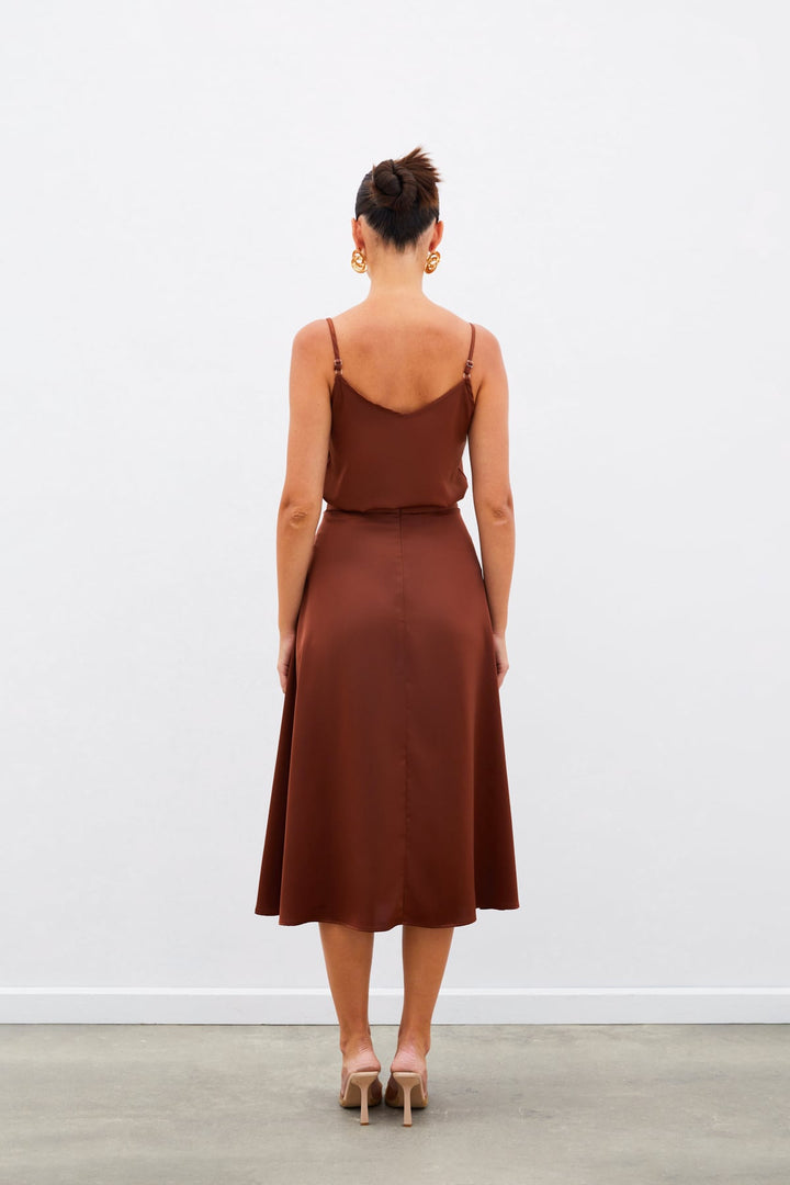 Sateen Jupe Midi en Satin - Marron