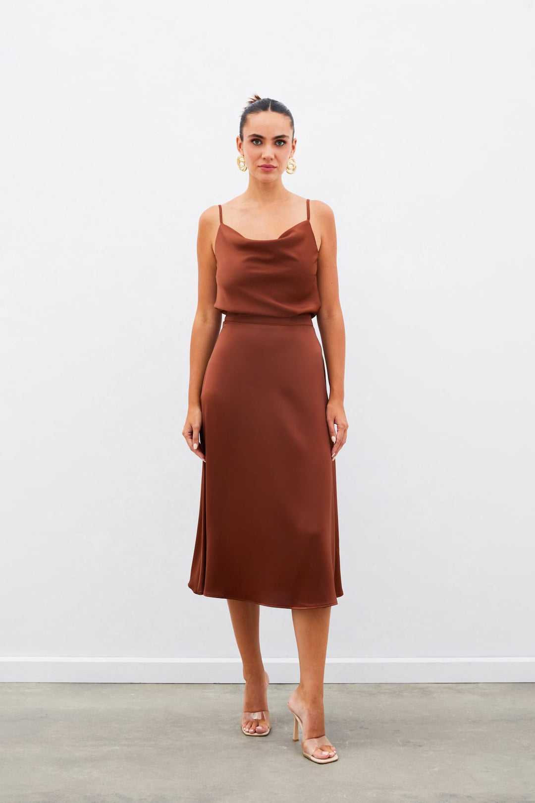 Sateen Jupe Midi en Satin - Marron