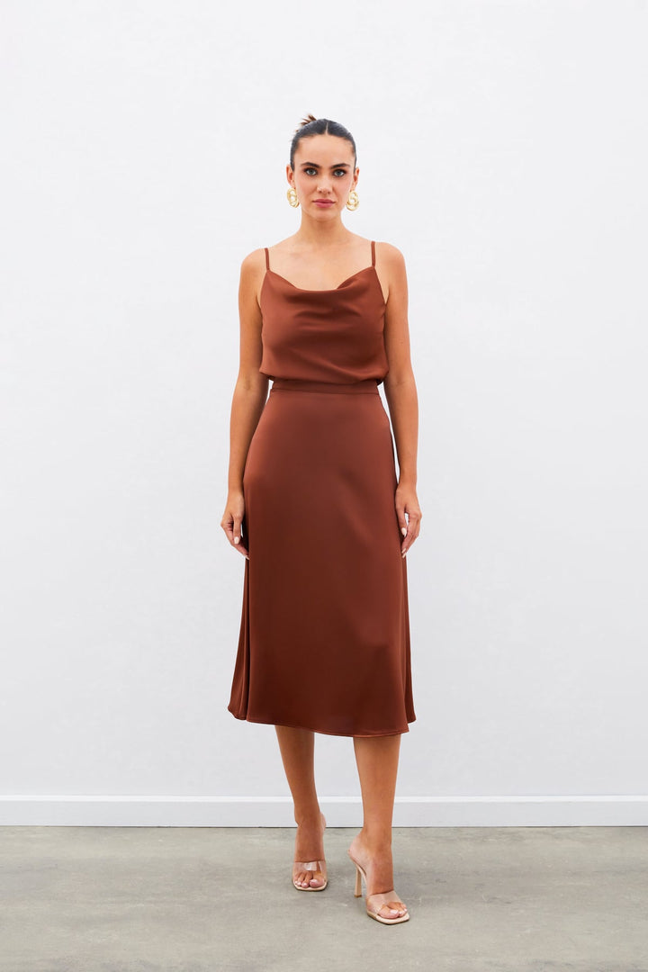 Sateen Jupe Midi en Satin - Marron