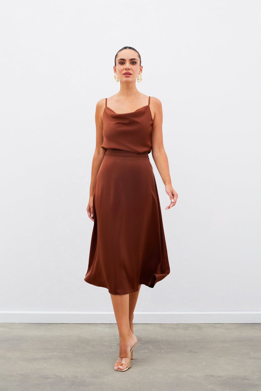 Sateen Jupe Midi en Satin - Marron